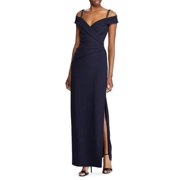New. Lauren Ralph Lauren Beaded Cold-shoulder Gown In Navy Size 10 - Picture 1 of 11